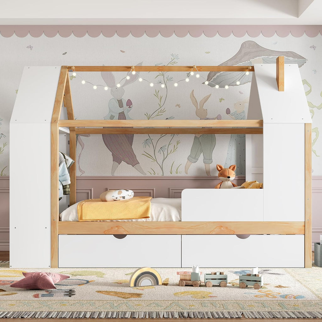 Twin Size House Bed, Solid Wood Platform Bed with Drawers and Wardrobe, House Shape Bed Frame with Built-in Shelves