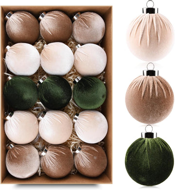 Christmas Tree Ornaments Velvet Balls - Pack of Shatterproof Xmas Bulbs Decorations Set - Multicolor Green - Set of 15