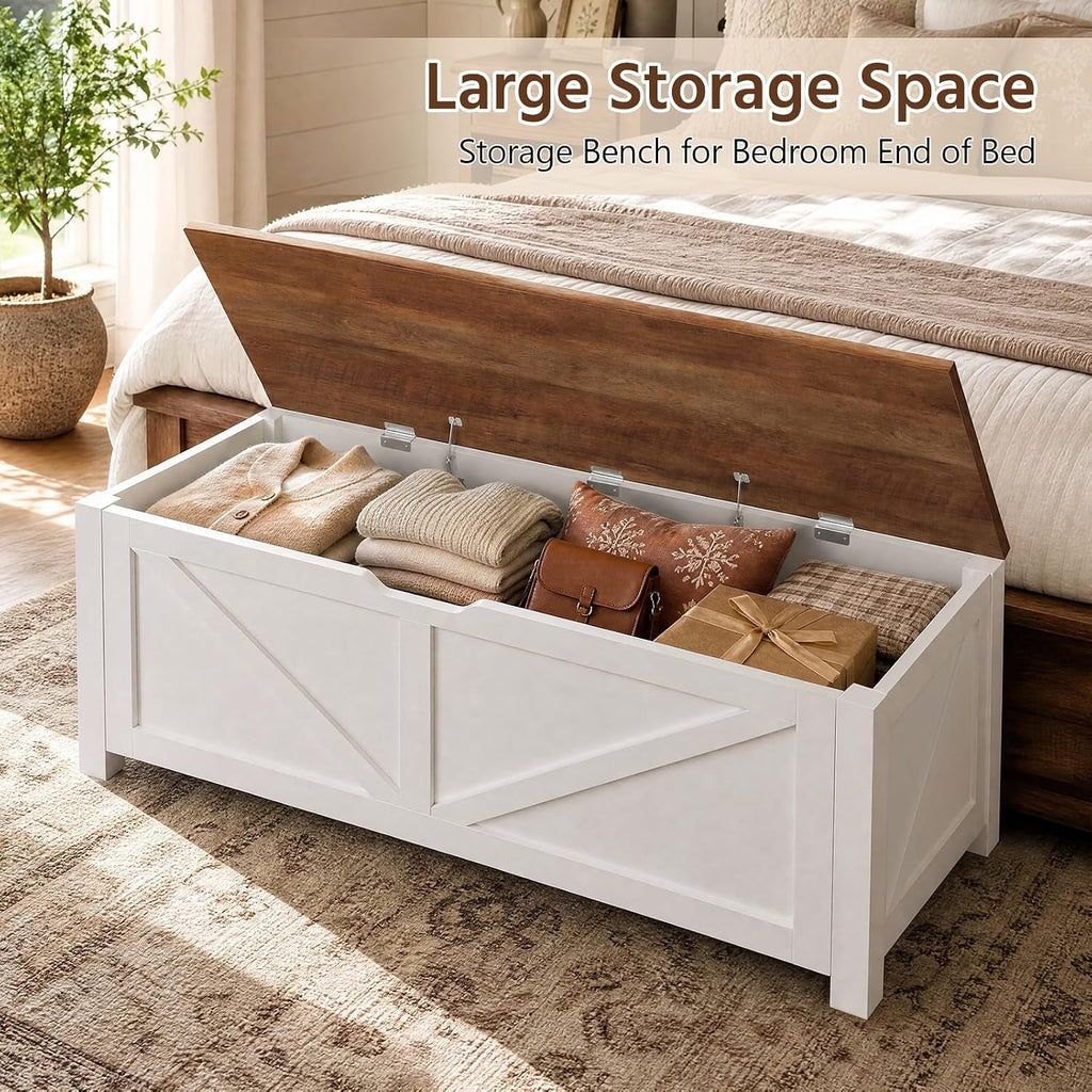 47.2" Storage Chest, Farmhouse Large Storage Bench with 2 Safety Hinges, Wooden Storage Trunk with Flip-Top, Toy