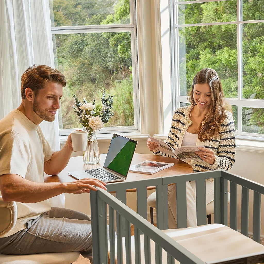 7-in-1 Convertible Baby Mini Crib with Wheels | GREENGUARD Gold Certified, New Zealand Pine Wood, 4