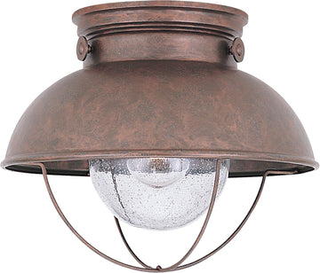 Sebring One Light Outdoor Flush Mount Ceiling Light with Clear Seeded Glass Diffuser, Weathered Copper Finish