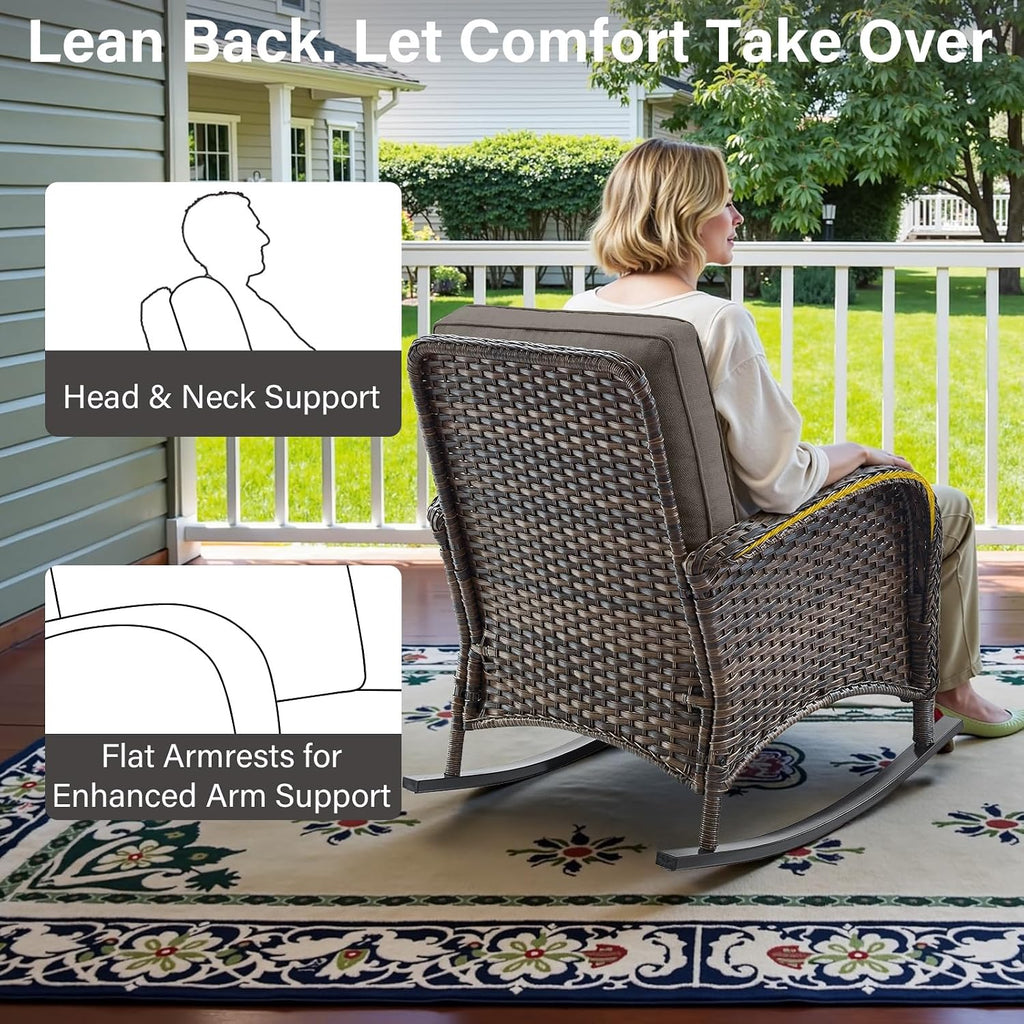 Patio Rocking Chair Wicker Chair, 1 Piece Outdoor Rocking Chair Seating with Cushions for Porch Deck Balcony