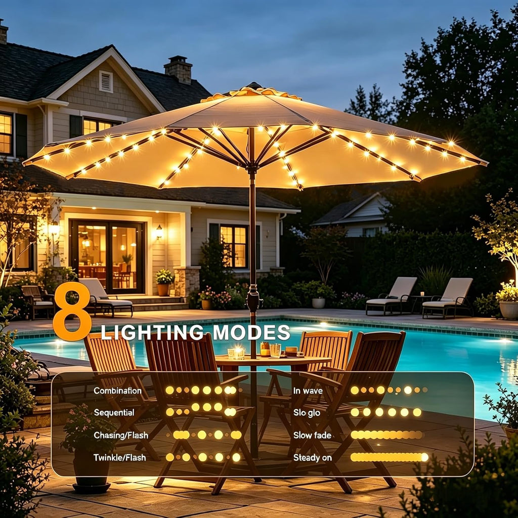 Patio Umbrella Lights Cordless 120 LED Table Umbrella Lights Solar Powered Waterproof Parasol String Lights for 7-11