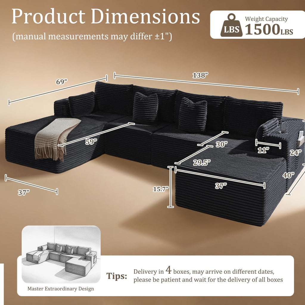 138" Oversized Cloud Sectional Couch, Comfort U Shaped Boneless Sofa, Extra Deep Seats No Assembly, Modular Sofa
