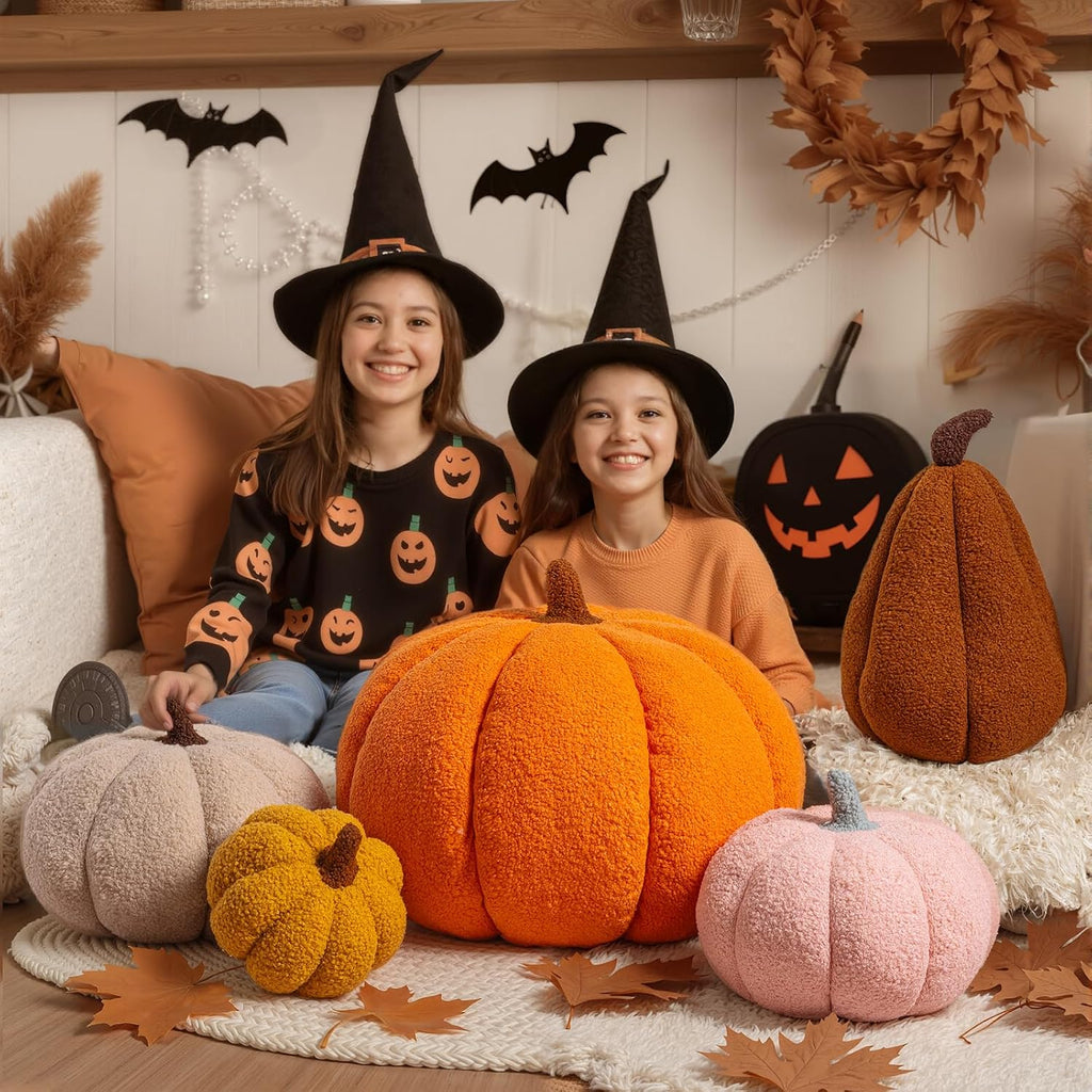 Fall Pumpkin Pillows, Halloween Decoration Decorative Throw Pillows Soft Fleece Sherpa Cute 3D Shaped - Set of 2