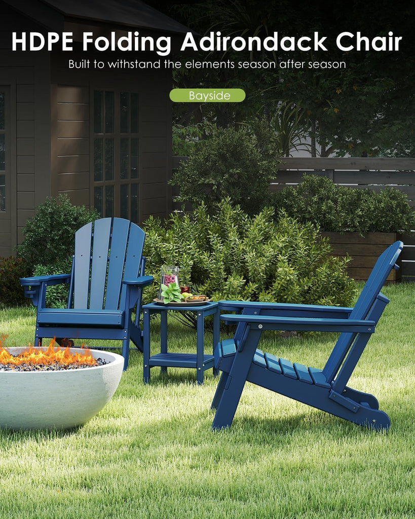 Folding-Adirondack-Chairs Set of 2, HDPE All Weather, Blue | Hidden Cup Holder | 5" Wide Armrests | Foldable Fire Pit