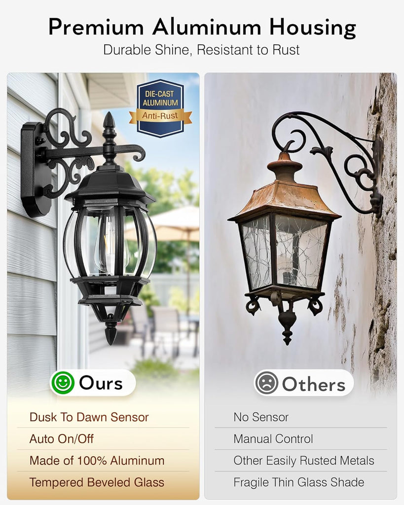 Dusk to Dawn Outdoor Lighting Fixture for House, Black Exterior Wall Light Wall Mount Sconce with Tempered Glass