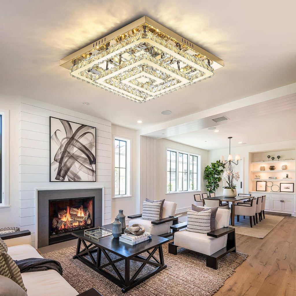 34" Modern Gold Crystal Chandelier with Remote/App Control, Dimmable Flush Mount Ceiling Light Fixture,3-Color