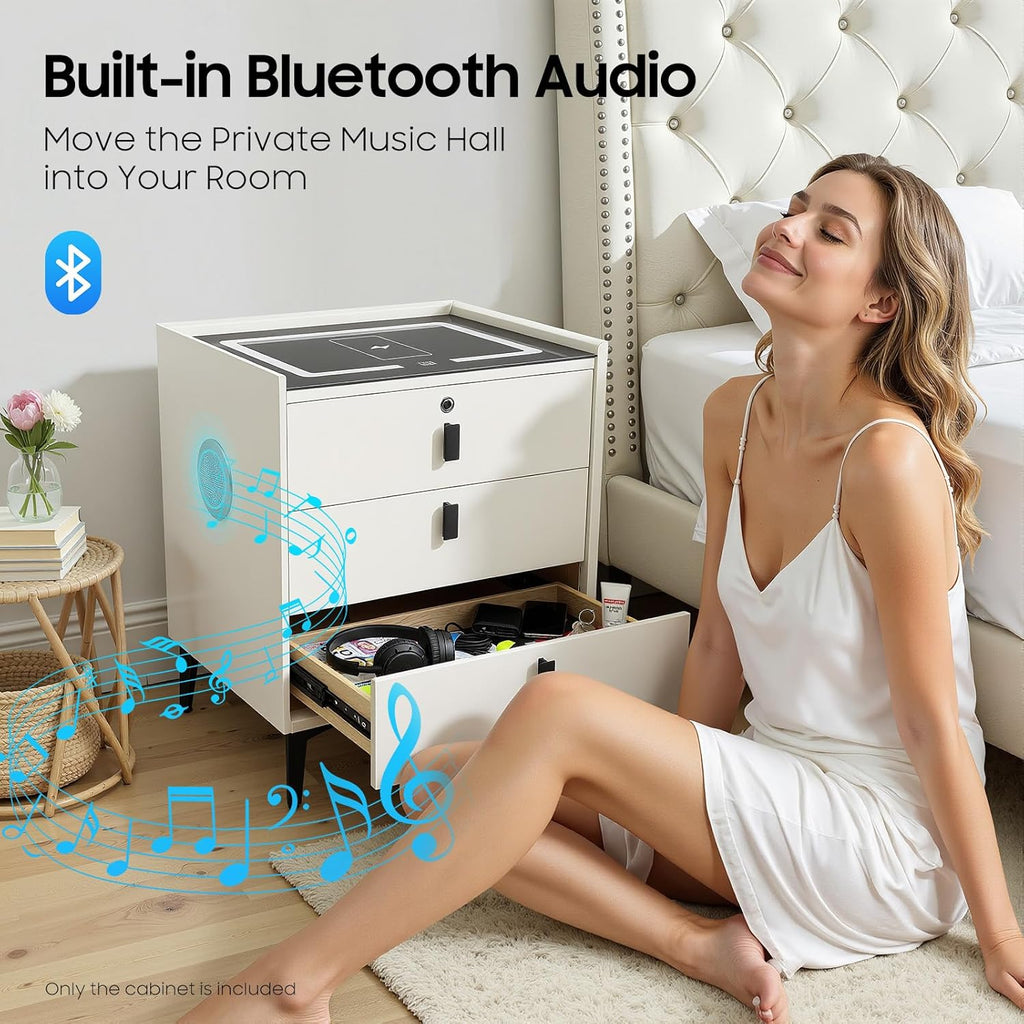 Smart Nightstand with Bluetooth Speaker USB Charging, 3 Drawer | Bedroom Daily Storage Scene, 4.72in Raised Legs