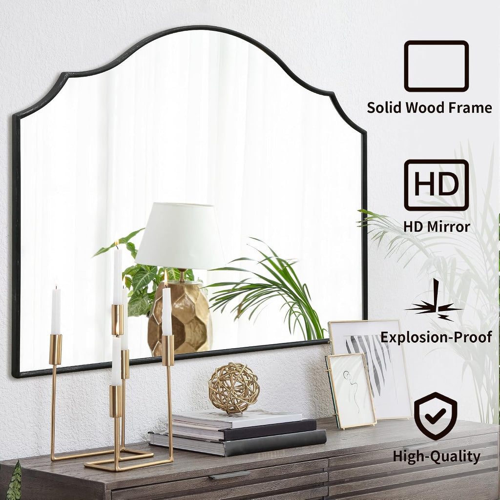 Black Scalloped Wall Mirror: 40"x29" Large Modern Wooden Arched Dresser Mirror - Minimalist Fireplace Mirrors