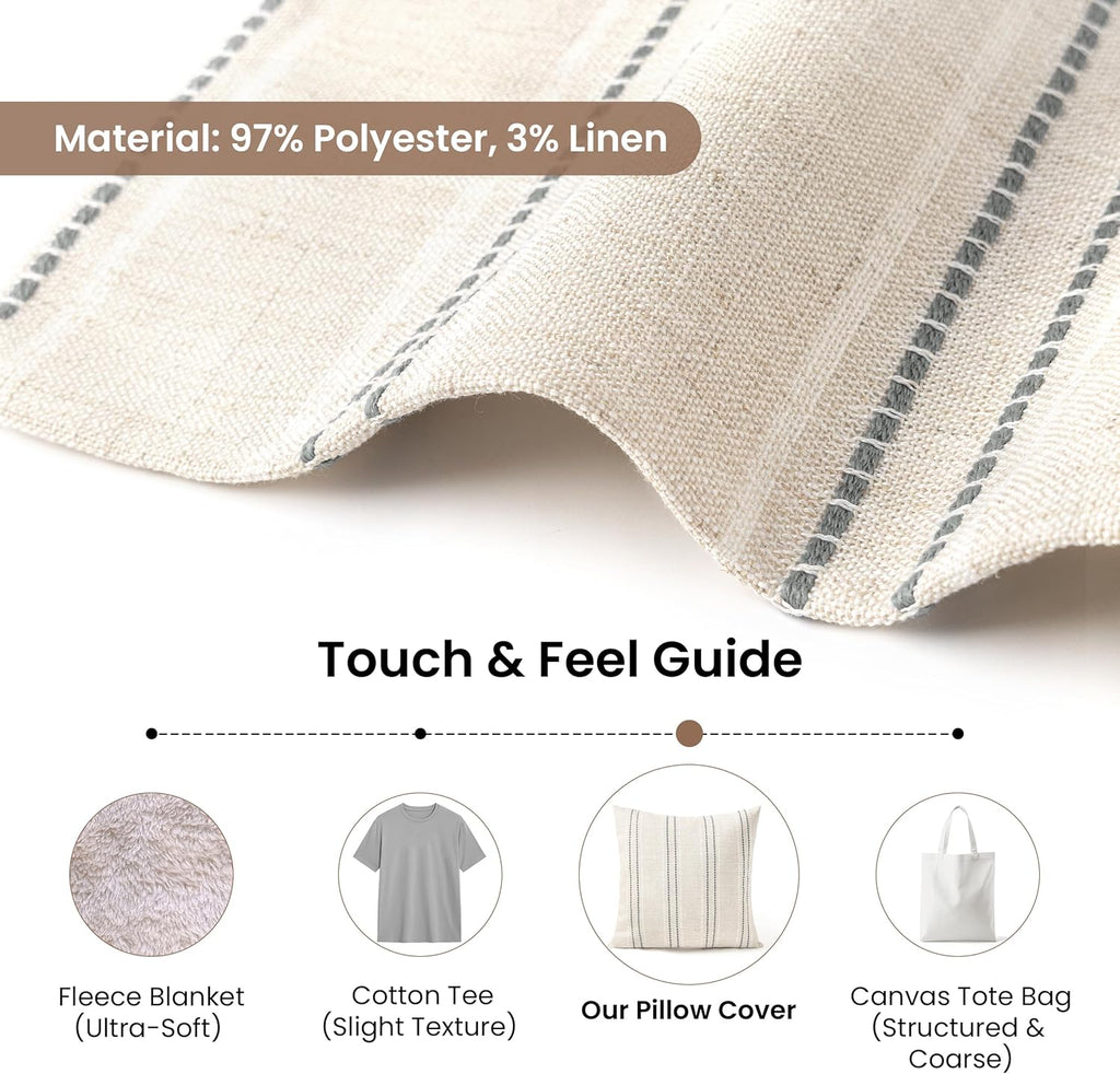 18x18 Decorative Farmhouse Linen Blend Throw Pillow Covers, Boho Textured Pillow Case, Set of 2, Beige with White & Gray Stitch Yarn Dyed Stripe Cushion Cover for Sofa Living Room (Cover ONLY)
