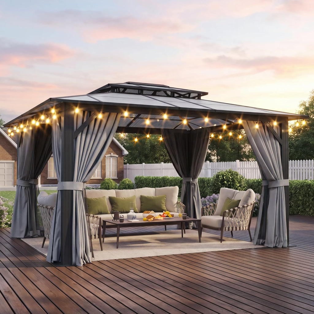 10'x12' Hardtop Gazebo Outdoor Permanent Gazebo with Double Polycarbonate Roof Canopy