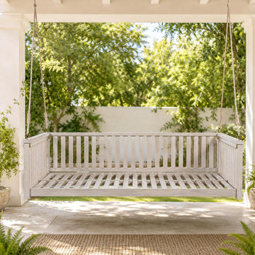Patio Swing Bed, Twin Size Acacia Wood Porch Swing | Acacia wood frame, twin mattress fit, sloped seat design, 350 lb