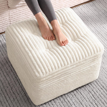 23.6in Pouf Ottoman, Corduroy Footstool Foot Rest Seating, Beige