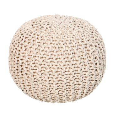 Round Pouf Ottoman - Hand Knitted Boho Poof Footrest - Ivory