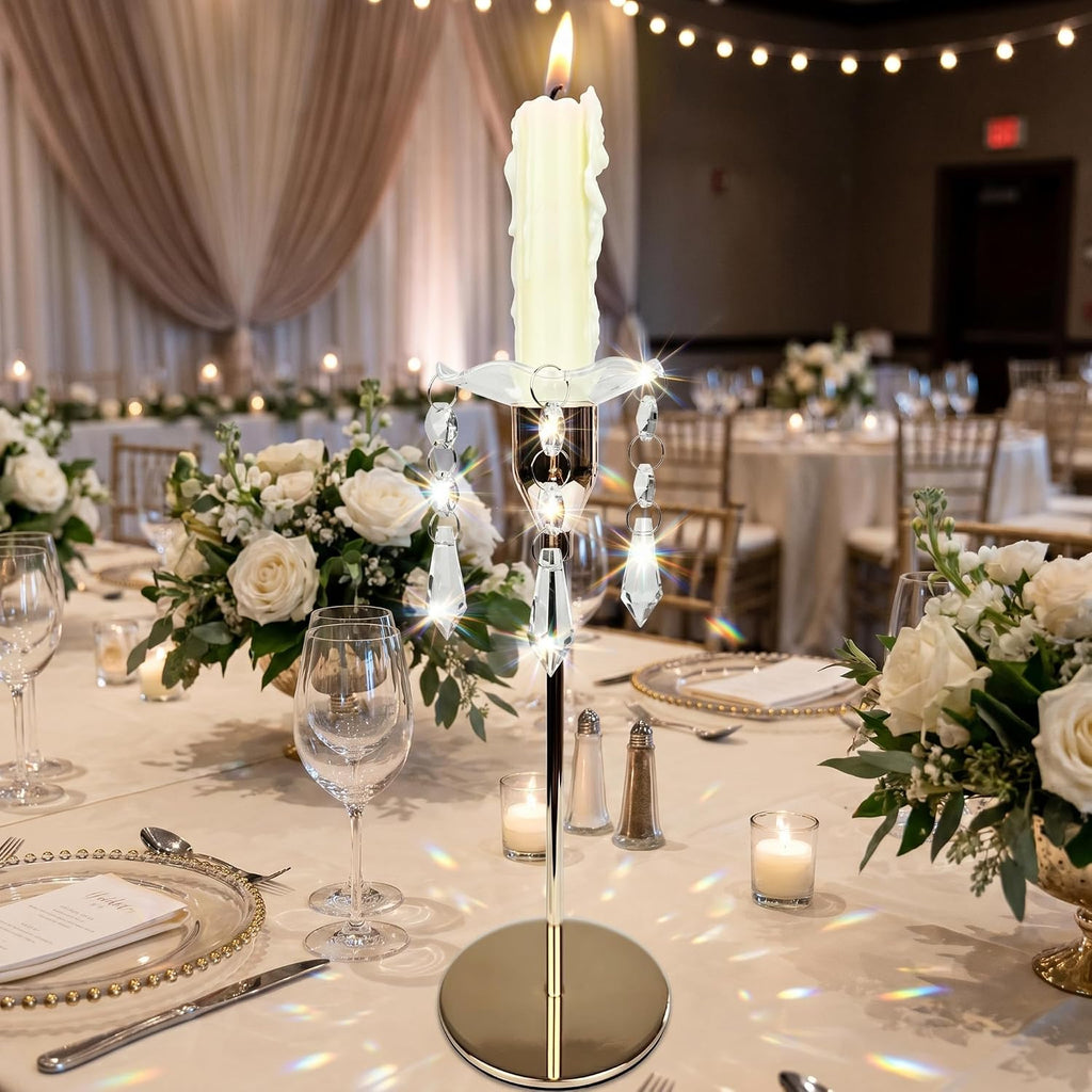 4 Pieces Bent Glass Candle Bobeches with Crystal Prisms Pendant, Taper Candle Wax Catcher Rings