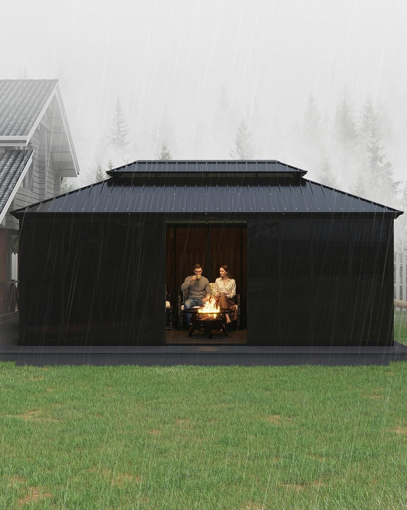 12x20 ft Sunroom Hardtop Gazebo, Enclosed Gazebo with Floor-to-Ceiling Sliding Doors