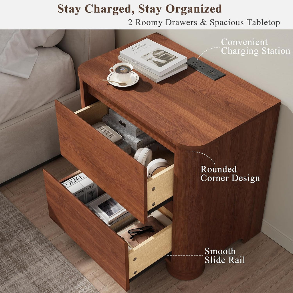 Walnut Nightstand with Charging Station, 23.6" Modern Night Stand with Unique Thickened Foot and 2 Storage Drawers