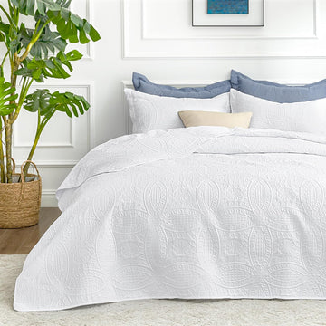 White Quilt Set Bedspreads - Soft Lightweight Coin Pattern Coverlet Bedspread Comforter - Twin, Full, Queen, King
