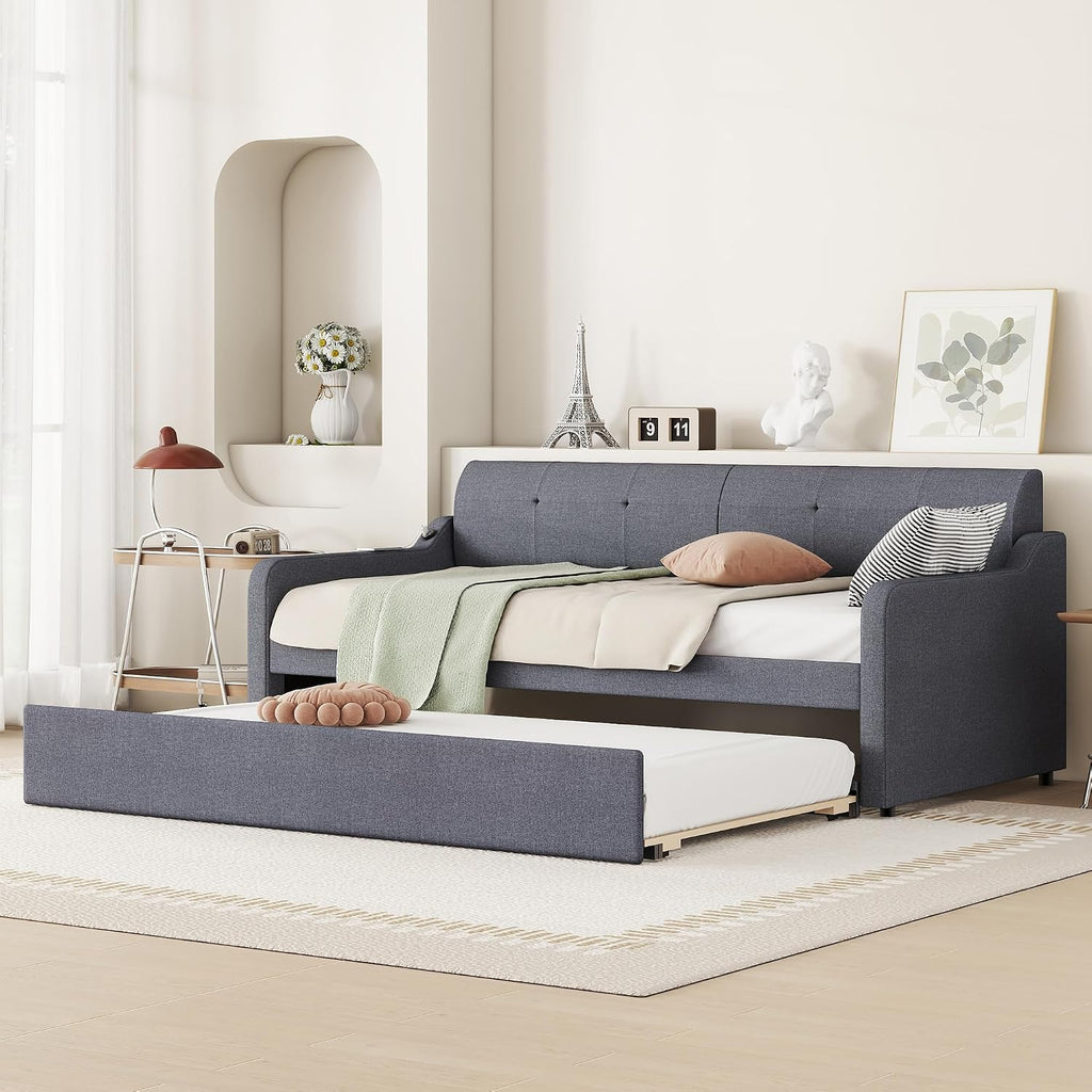 Twin Size Upholstered Daybed with Pop up Trundle,Line Day Bed Frame with Charging Station,Twin to King Daybed, Tufted