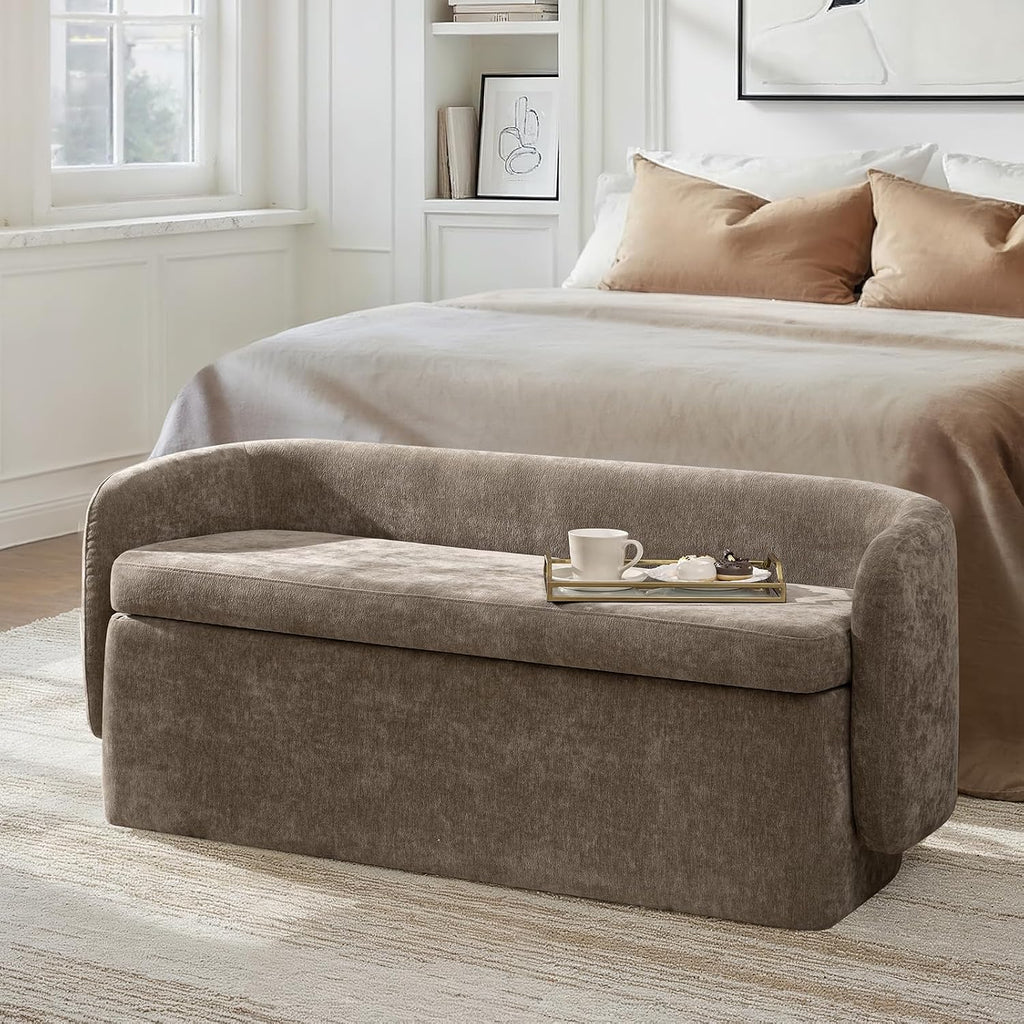 61" Bedroom Storage Bench with Low Backrest, Saddle | Upholstered Chenille End of Bed Bench, Large Storage Ottoman