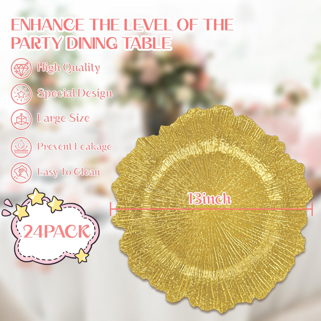 24 Pcs Heavy Duty Gold Plastic Charger Plates for Wedding Dinner Decor