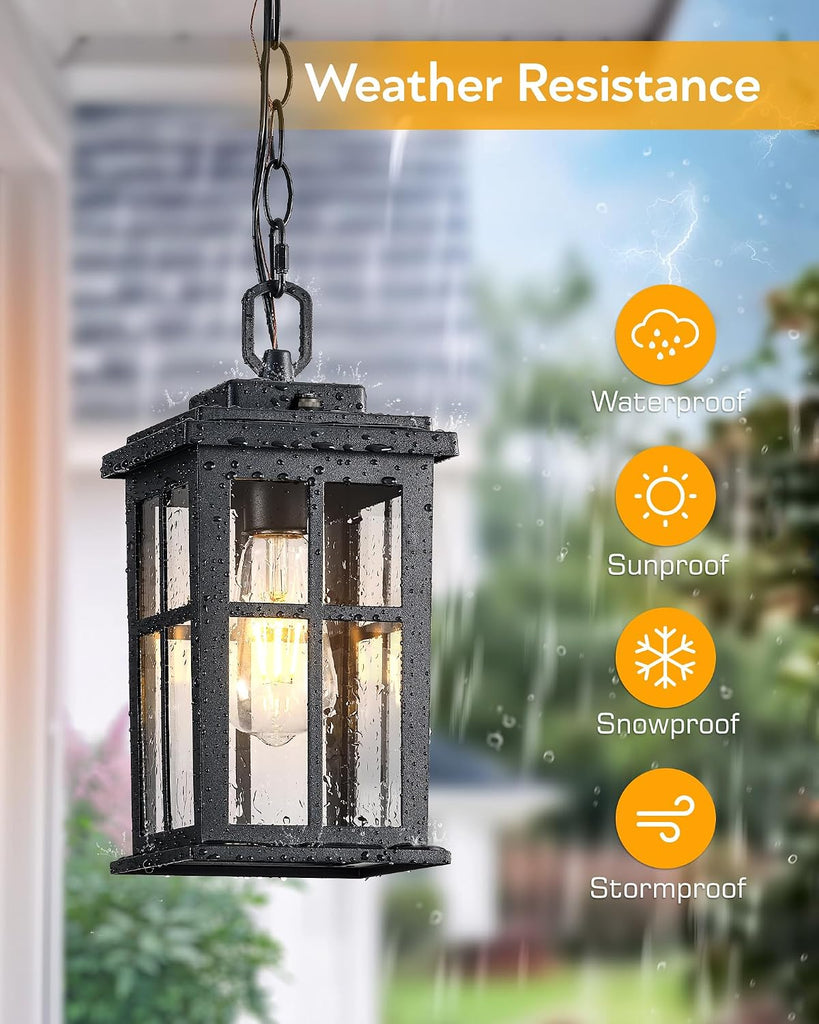 Black Dusk to Dawn Outdoor Pendant Light, Modern Hanging Light Fixture with Tempered Glass