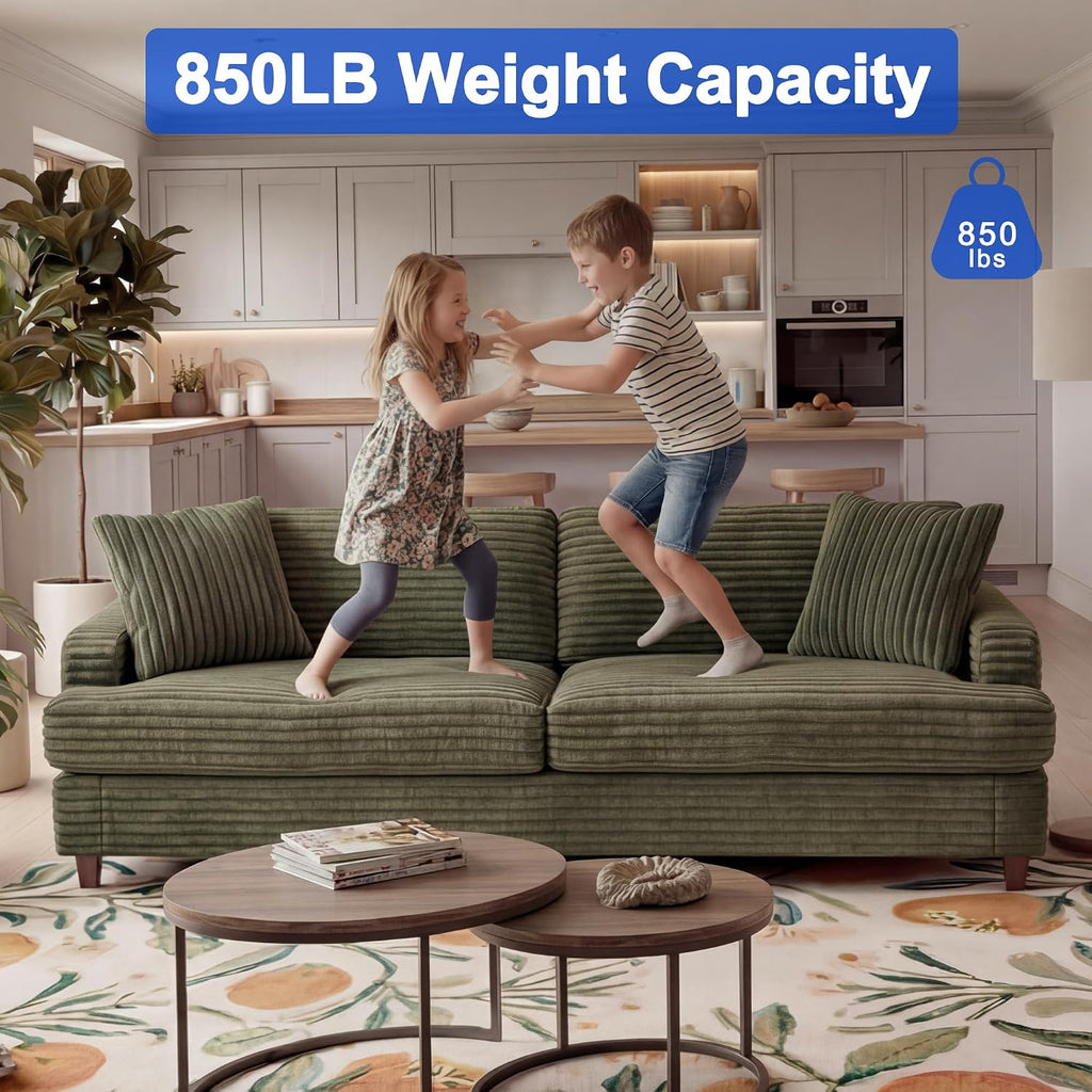 80 Inch Olive Green Sofa Couch, Plush Corduroy Deep Seat Sofas