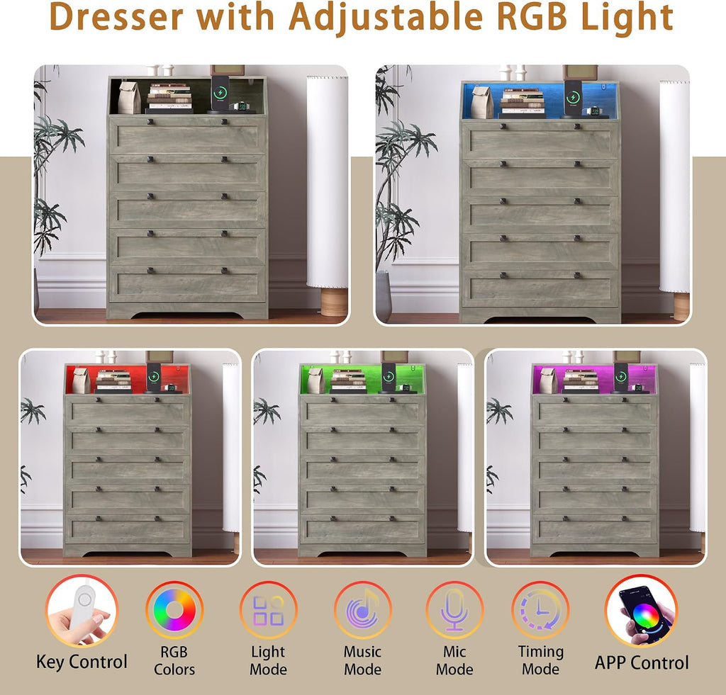Grey Dresser Tall 5 Drawer Dresser , Wood Chest of Drawers with LED Lights, Charging Station, Metal Handles, Modern