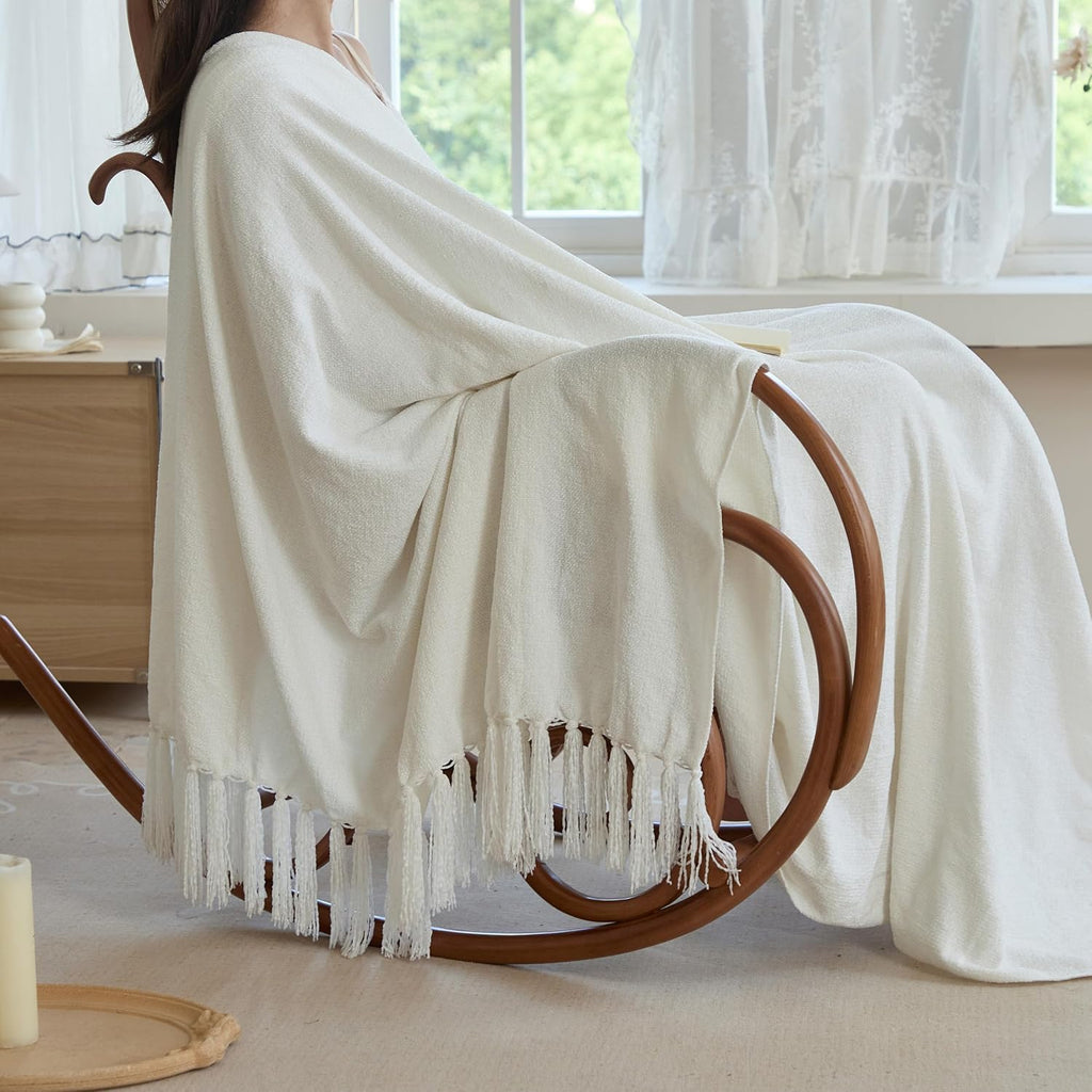 Soft Chenille Throw Blanket 50'' x 60'' - Cozy Fluffy Blanket with Fringe Tassel, Farmhouse Boho Blankets, Cream