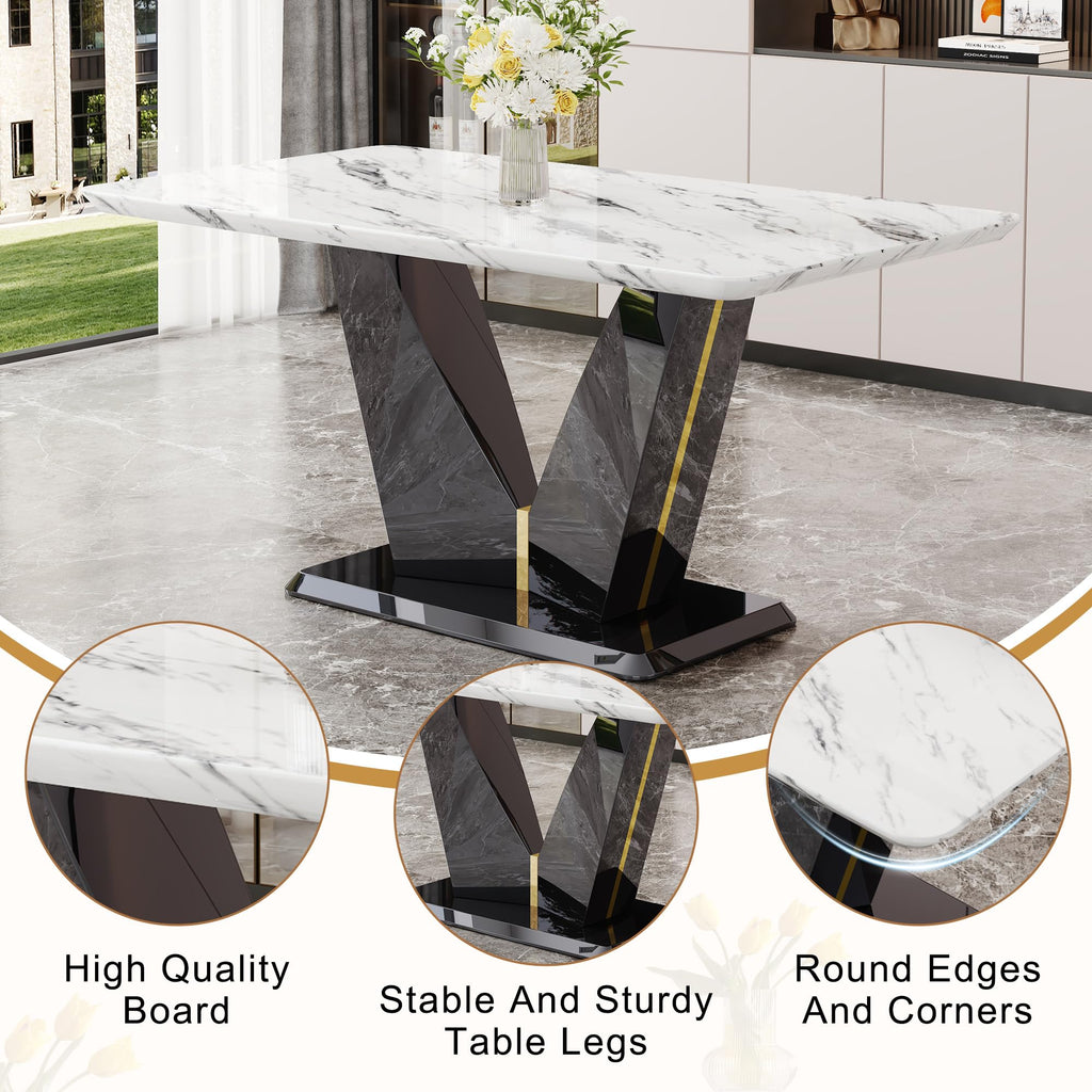 Modern Dining Table Set for 6, 7 Piece Dining Room Table Set, White Marble Dining Room Table Set for 6, 63" Rectangule