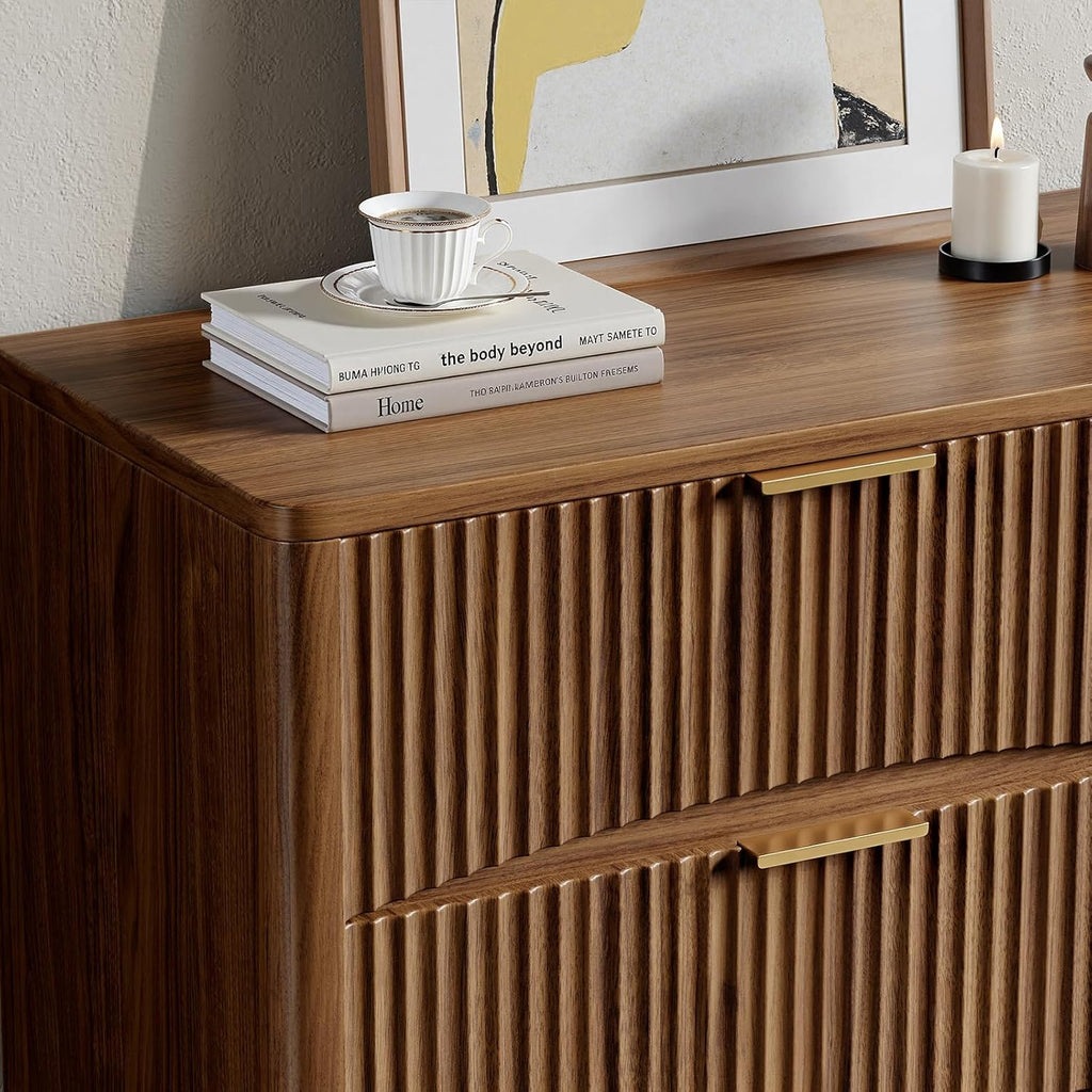 54" Wide Fluted 6 Drawer Dresser, Mid Century Modern Curved Dresser, Light Wood Chest of Drawers , Walnut