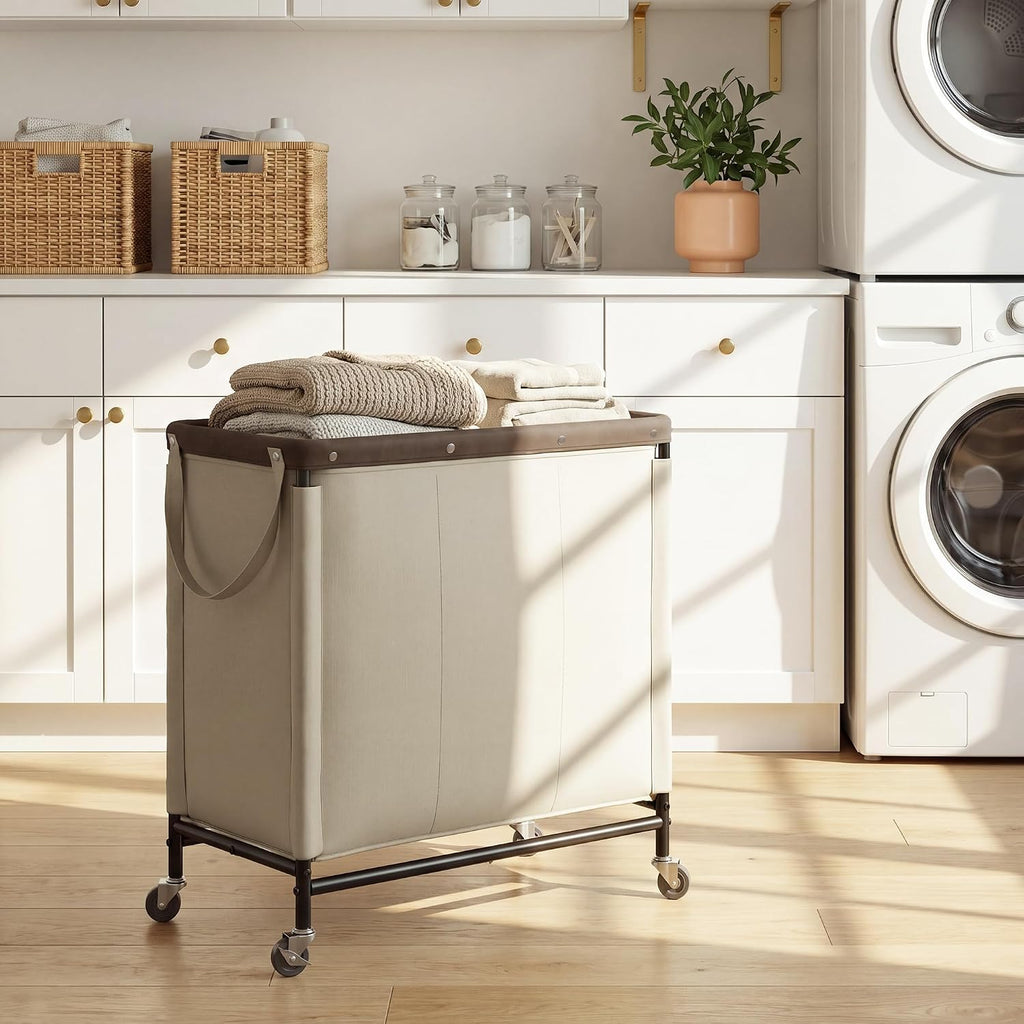 3 Section Laundry Hamper, 120L Tan Sorter Cart with Wheels
