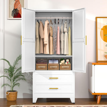 Metal Wardrobe Cabinet with Hanging Rod, Clothing Storage Cabinets | with 2 Door, 1 Adjustable Shelf and 2 Drawers