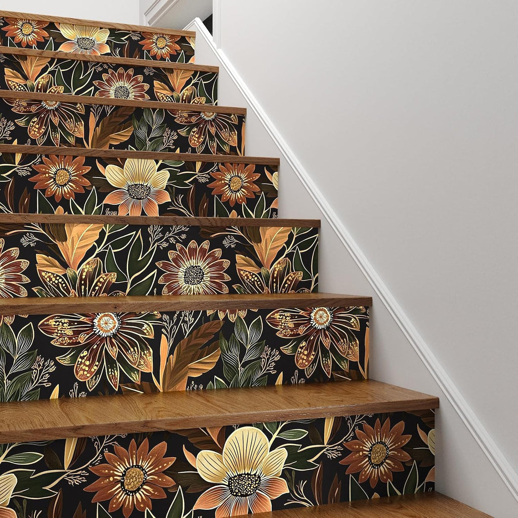 Boho Dark Black Gold Floral Wallpaper Peel and Stick 17.5"x393" | Self Adhesive/Removable/Waterproof/Thick Vinyl