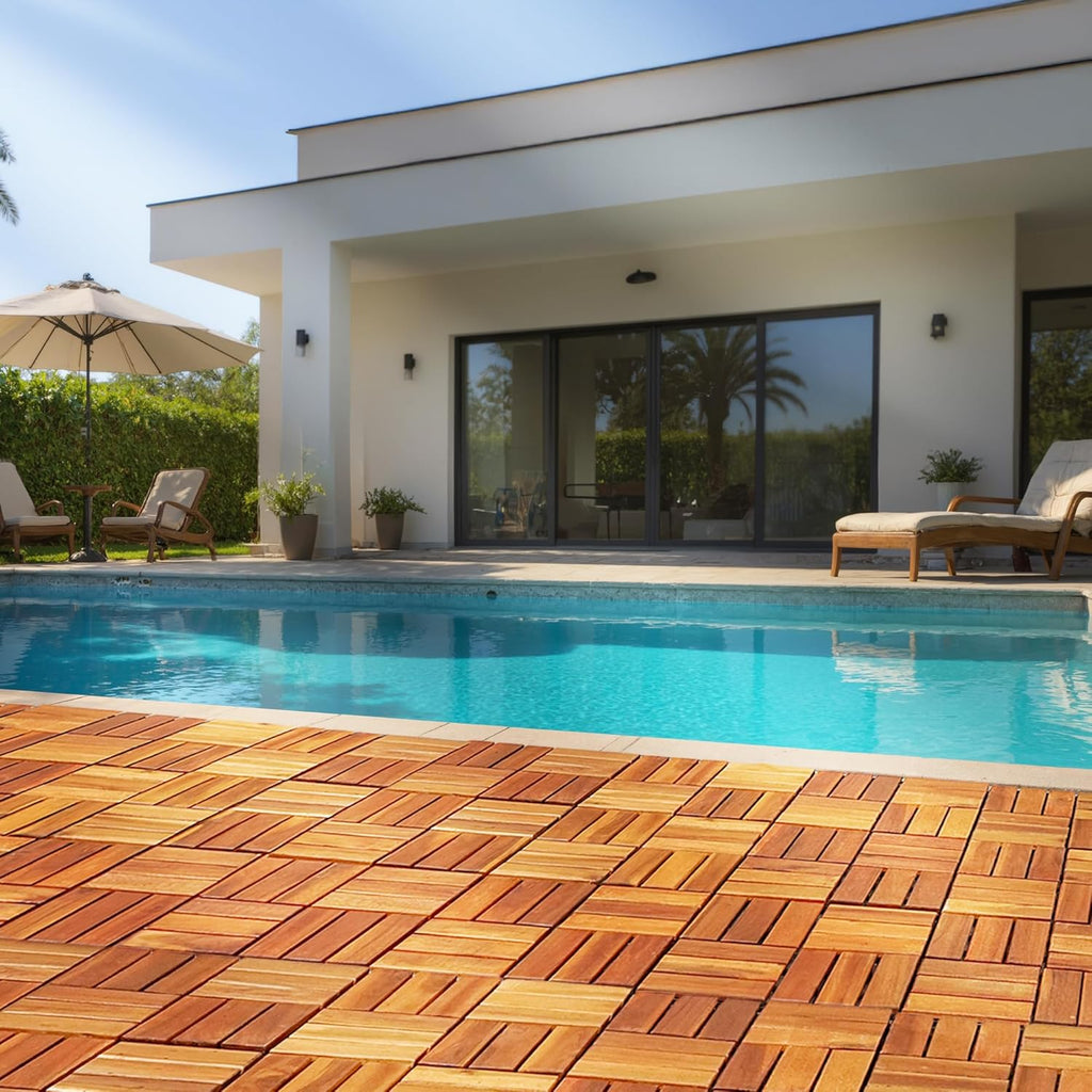 Interlocking Deck Tiles 12”x12”, Acacia Wood Patio Tiles, Waterproof Flooring Tiles for Indoor and Outdoor - Non-Slip