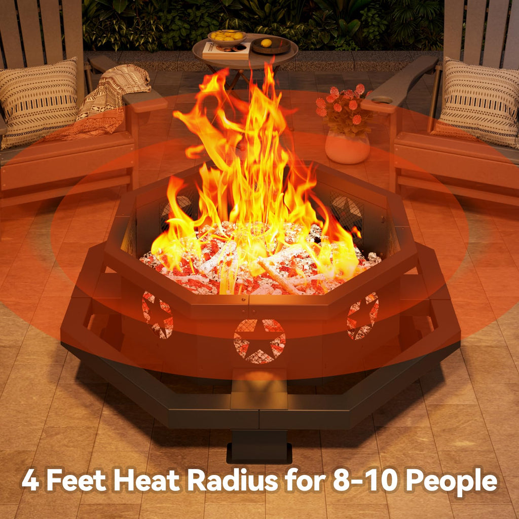 45 Inch Fire Pit for Outside Wood Burning, Outdoor Octagonal Fire Pit with Poker, Large Firepit for Camping
