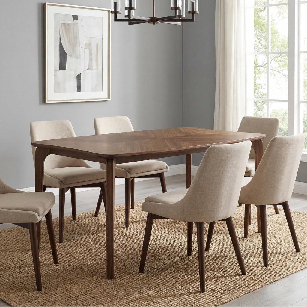Mid-Century Modern Walnut Color Dining Table, 63" Rectangular Kitchen Table with Solid Wood Legs, Curved Edges