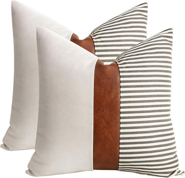 20x20 Pillow Covers Set of 2 Farmhouse Decor Stripe Patchwork Linen Throw Pillow Covers Modern Faux Leather Covers, Gray