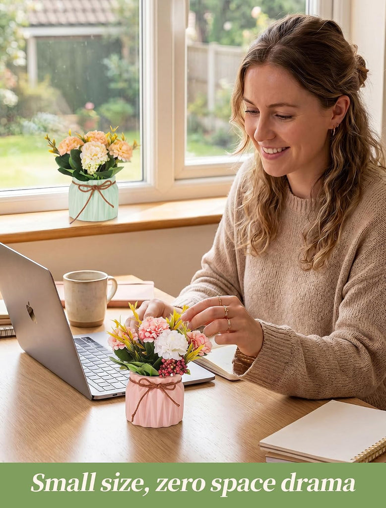 Hydrangea Artificial Flowers in Vase for Table, 4 Pcs, 5.9 Inch | 4 Colors, Small Ceramic Vase with Flowers, Cute