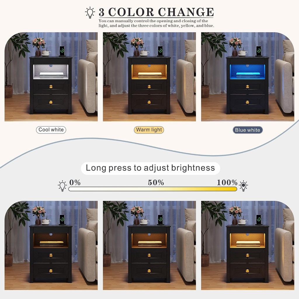 Farmhouse LED Nightstand with Gun Drawer&Invisible Lock,Modern Bedside Table with Human Sensor Design,Rustic Side