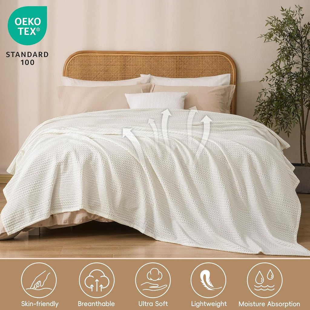 Cozy Waffle Weave Throw Blanket, Ultra Soft Breathable Lightweight Skin-Friendly Throw for All Seasons, Elegant Room