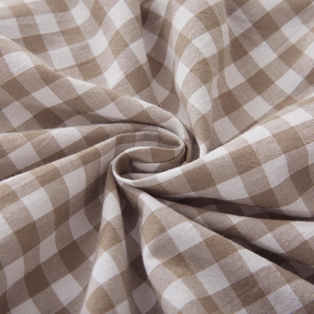 Taupe/White Plaid Euro Pillow Shams Ruffle Pillowcases Set of 2,Shabby Checkered Washed Cotton Pillow Covers-26