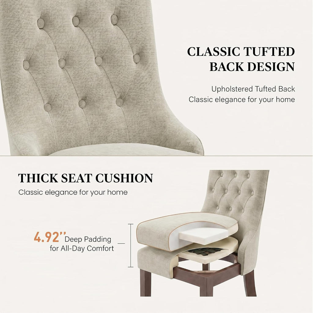 Upholstered Dining Chairs Set of 2, Wingback Dining Room Chairs with Tufted Button, Fabric Dining Chairs with Solid
