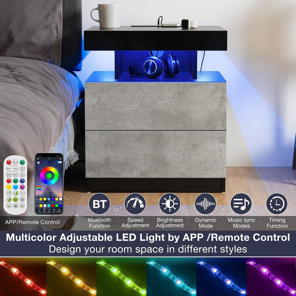 LED Nightstand with Wireless Charging Station & USB Ports High Gloss Bedside Table with LED Light RGB Adjustable