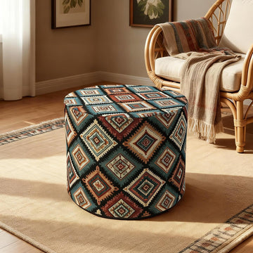Pouf Ottoman Footrest Boho Embroidered Stuffed Round Pouf, 20" Tribal Geometric Accent Decor, Removable Cover & Firm