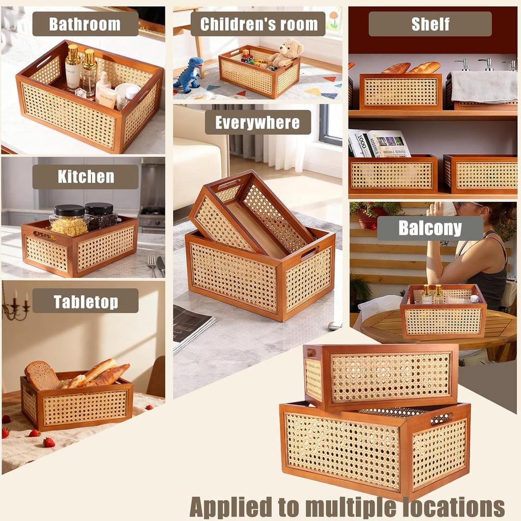 Rattan Storage Baskets Set, Wooden Frame with Woven Cane Design, Nesting Organizer Bins Bedroom Bathroom Kitchen