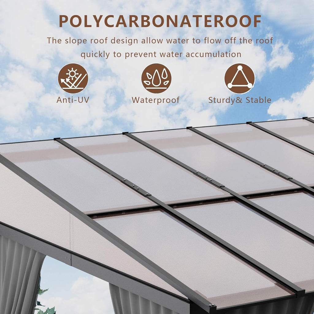 10'x 14' Outdoor Hardtop Pergola,Wall Mounted Lean to Gazebo with Curtains and Netting,Galvanized Metal