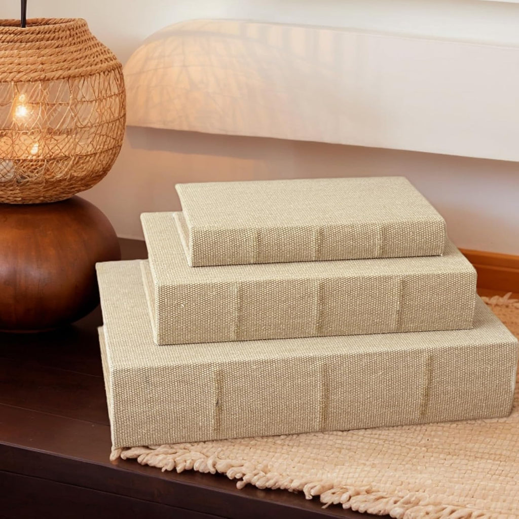 Set of 3 Linen Decorative Book Boxes with Hidden Storage - Modern Neutral Linen Fabric Faux Books for Shelf Decor