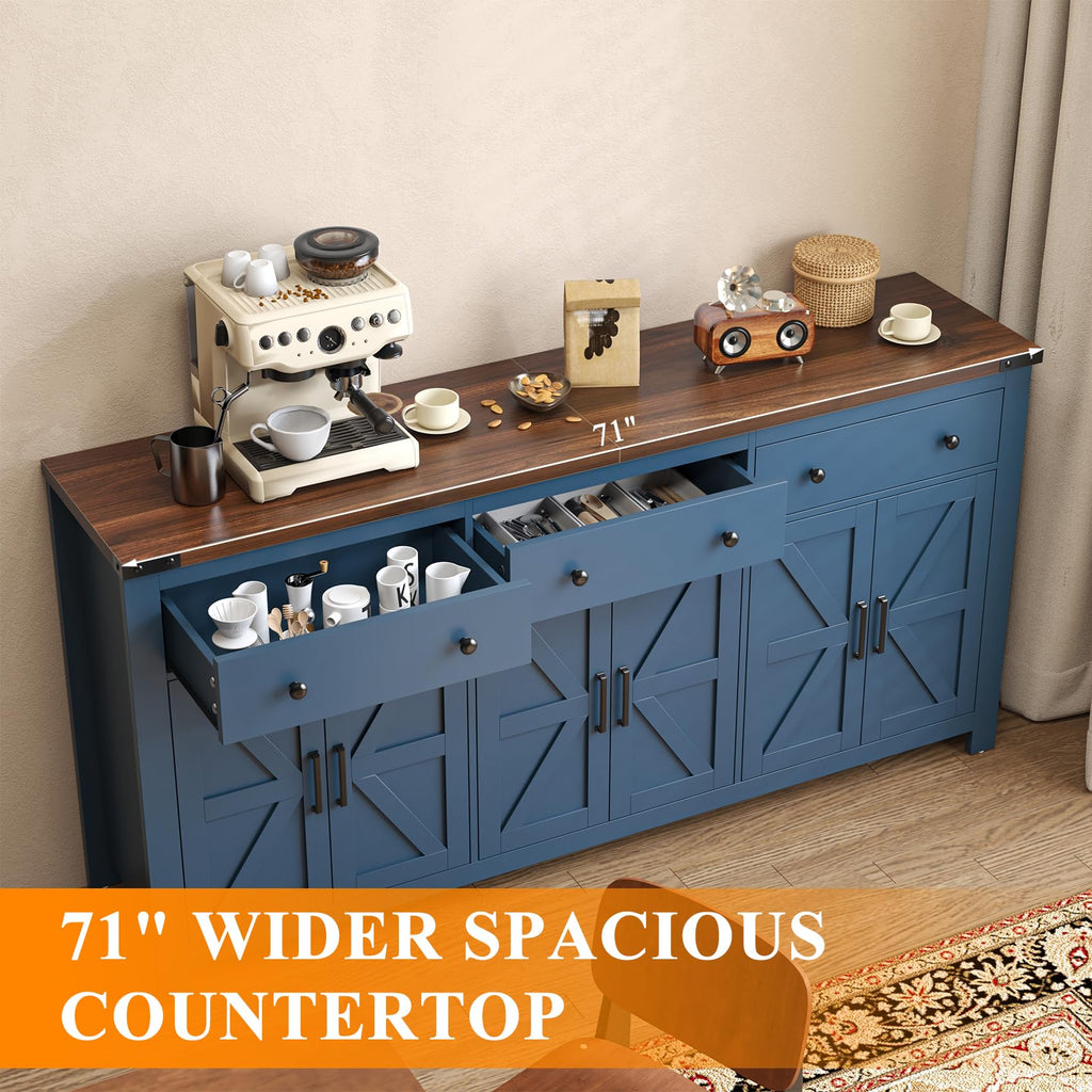 71" Large Sideboard Buffet Cabinet with Storage, Modern Farmhouse Coffee Bar with 3 Drawers and 6 Barn Doors, Dining